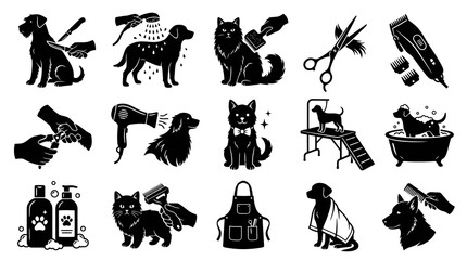 Obraz premium Pet Grooming Icons: Dogs, Cats, Tools, Bathing, Clipping, Brushing