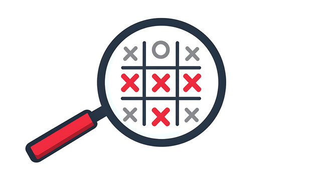 Magnifying glass focusing on a tic tac toe game with red and grey marks.