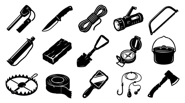 Outdoor Survival and Camping Gear Icons Set - Black and White Glyph Vector Illustrations