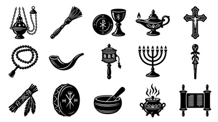 Obraz premium Black and White Glyph Icons Set: Global Religious and Spiritual Symbols and Artifacts