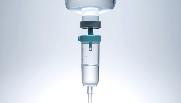 Medical intravenous drip chamber with saline solution drop for patient hydration and treatment.