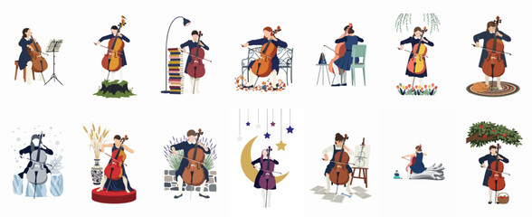 Fototapeta premium Collection of Flat Illustrations Showing Young Female Cellists Playing in Various Seasonal and Whimsical Settings
