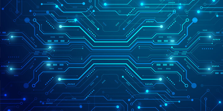 Futuristic digital background with symmetrical blue circuit board lines and glowing nodes.