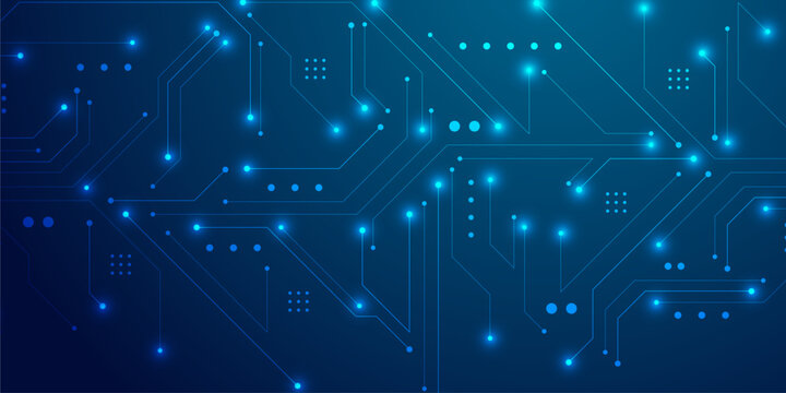 Futuristic cyan circuit board pattern with bright glowing data nodes and geometric line art.