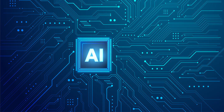 Modern AI microchip processor on complex circuit board background with glowing blue traces.