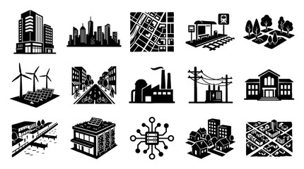 Fototapeta premium Smart City, Urban Planning Infrastructure Glyph Icons Set. Sustainable Technology Symbols.