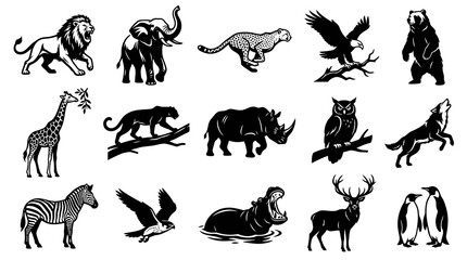 Obraz premium Wildlife Animals Set Black White Emblem Style Illustrations for Nature Safari Designs