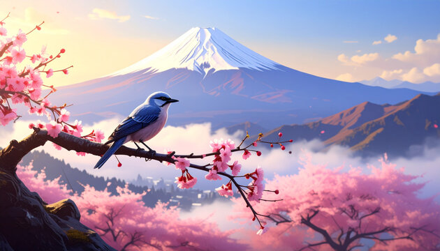 Bird Perched on Sakura Branch with Snowy Mountain Background