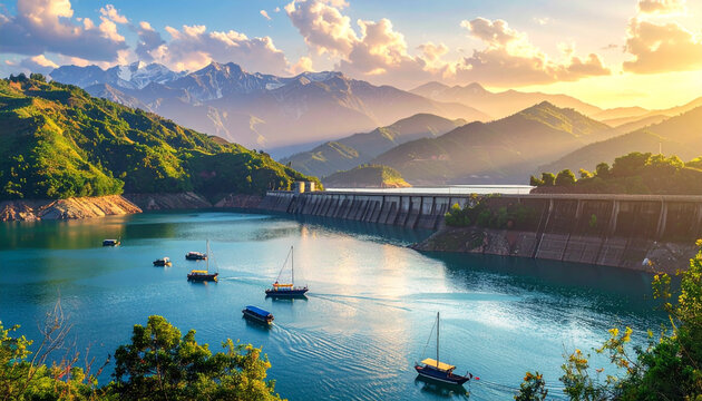 Mountain Reservoir Dam with Boats at Golden Sunset