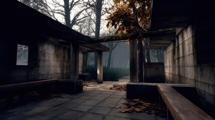 Fototapeta premium An eerie abandoned structure surrounded by a misty forest on a gloomy day