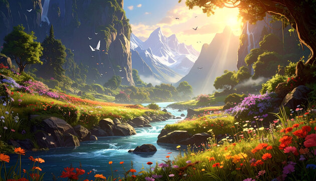 Sunlit Paradise Valley with Flowing River and Wildflowers