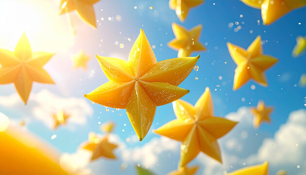 Fresh starfruit slices splashing in sunny blue sky backdrop