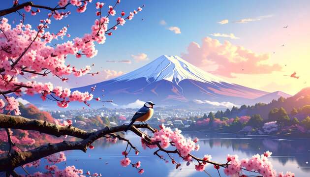 Mount Fuji Landscape with Sakura Blooms and Small Bird at Sunrise