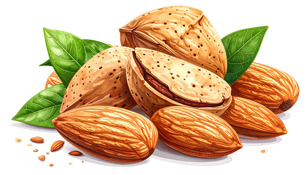 Group of fresh almonds in shell and peeled with green leaves on white background.