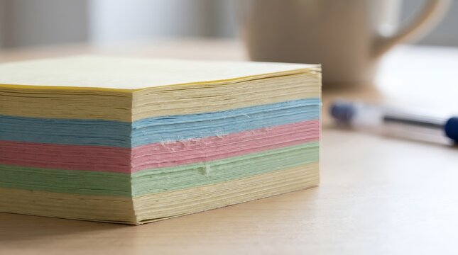 Multicolored stack of sticky notes on a wooden desk with office supplies in soft focus background
