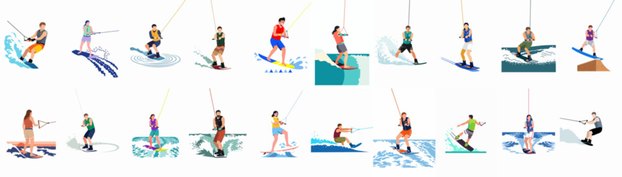 Large collection of flat illustrations showing diverse men and women wakeboarding and wakesurfing on waves, representing active summer water sports and recreation activities.