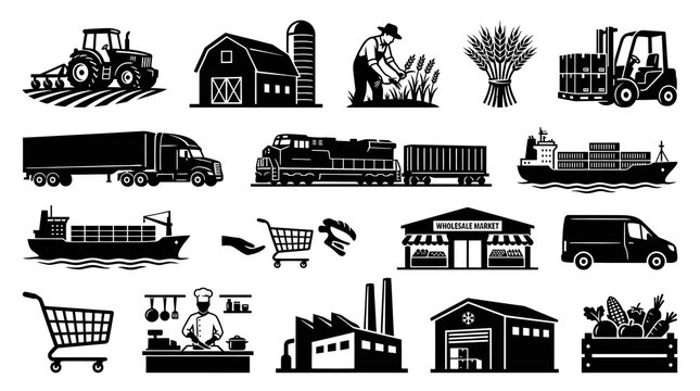 Farm to Table Supply Chain Logistics Food Industry Black Silhouette Vector Icons Set