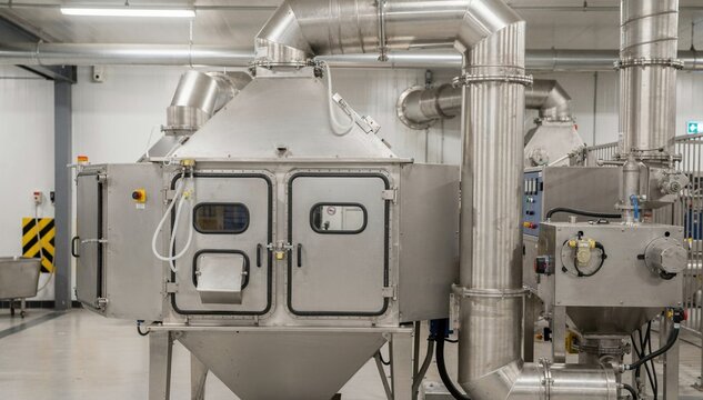 Medium shot showcasing an enclosed dust collection system integrated into a pasta processing hopper highlighting sealed compartments and controlled waste extraction.