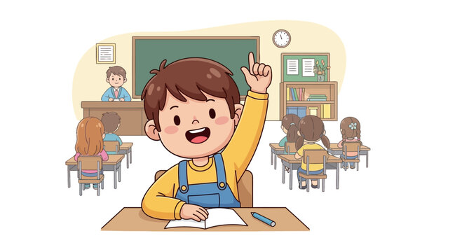 Happy boy raising hand in classroom, eager to answer question, education concept