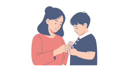 Fototapeta premium Mother helping son button his shirt, caring, love, family, childhood, everyday life