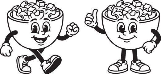 Fototapeta premium Animated Macaroni Cheese Bowls Running and Thumbs Up in Simple Line Drawing Style