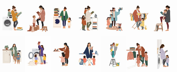 Fototapeta premium Collection of illustrations depicting a busy mother multitasking with laundry, housework, and childcare while reading and playing with her children.