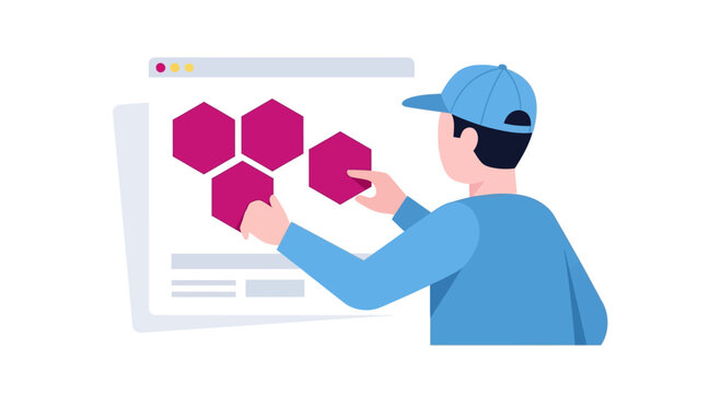 Web developer arranging hexagonal blocks on a digital interface, website design concept
