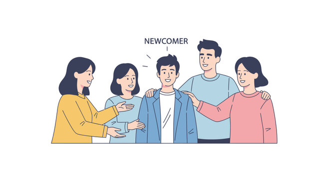 Welcoming newcomer, group of friends embracing new person, feeling of belonging, support, friendship