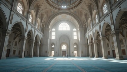 Obraz premium Majestic Grand Mosque Interior with Elegant Islamic Architecture, Ornate Arches, Sacred Prayer Hall, Sunlight Streaming Through Decorative Windows, Spiritual Worship Space, Historic Religious Design a