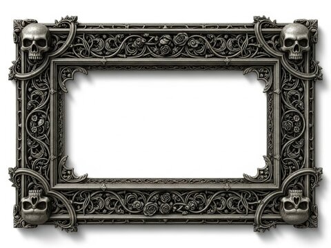 Elaborate antique metal picture frame with gothic skull and rose ornate details