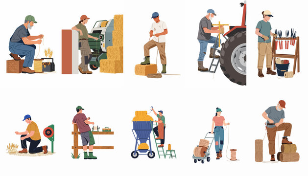 Collection of flat vector illustrations depicting male and female farmers performing various agricultural tasks, maintenance, and harvesting chores with equipment on a white background.