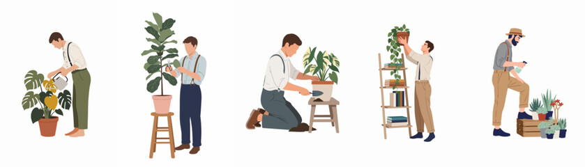 Fototapeta premium Set of vector illustrations featuring men in vintage attire caring for various indoor houseplants like Monstera, Fiddle-leaf fig, and succulents on white background.