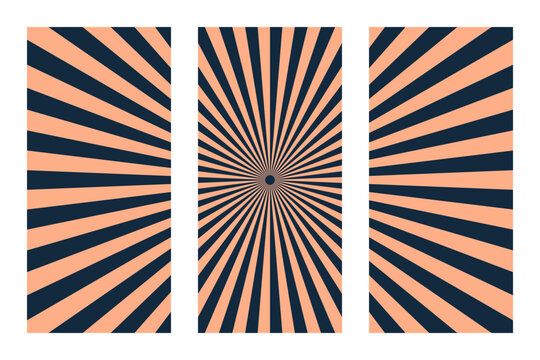 Triptych Sunburst Pattern Background in Dark Blue and Peach Retro Radial Stripes for Modern Graphic Design Projects