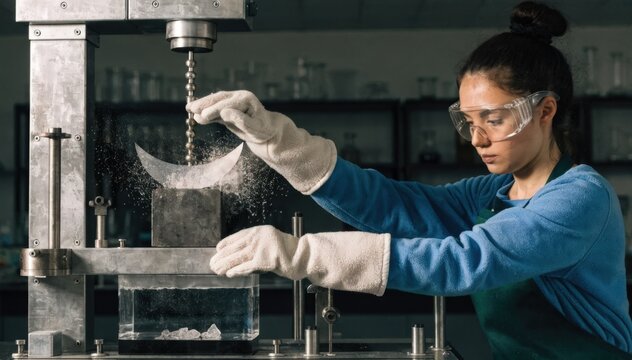 Lab specialist conducts impact resistance testing on a sharp tool using specialized equipment to evaluate toughness and edge retention during sudden force application.
