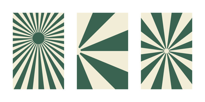 Minimalist Sunburst Pattern Wall Art Set in Dark Green and Cream Retro Style for Modern Interior Decor Backgrounds