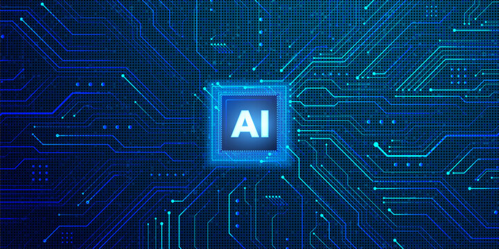 Artificial intelligence chip on digital blue circuit board background.