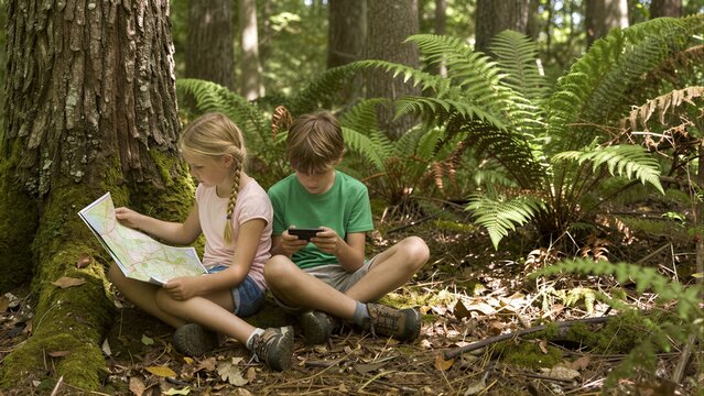 Two children explore a forest, one with map, another using phone.