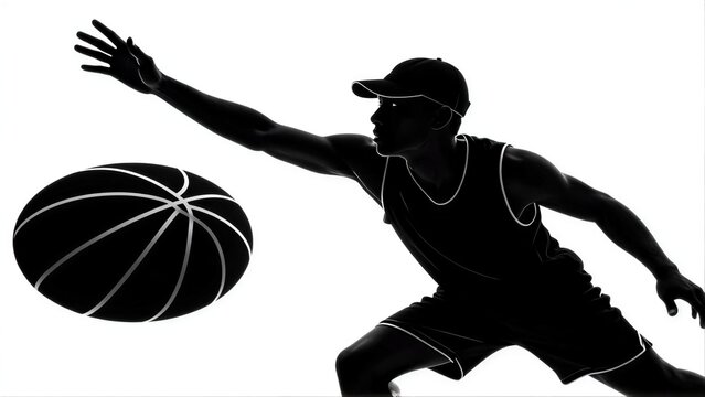 Silhouette of a basketball player reaching for the ball in mid-air.