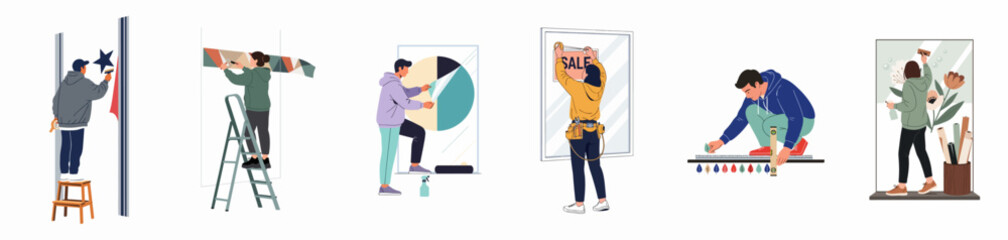 Flat illustration of professional workers installing vinyl decals, wallpaper, and commercial window signs for interior decoration and retail branding purposes. © Dian