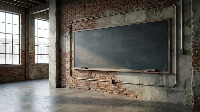 A large empty chalk board mounted on an industrial brick wall inside a spacious sunlit loft studio with large metal frame windows and concrete flooring.