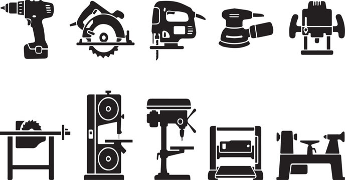 Set of Professional Power Tools and Woodworking Machinery Silhouettes