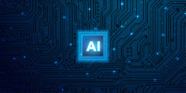 Horizontal glowing AI chip layout on black background with symmetrical blue circuit lines and digital hardware elements.