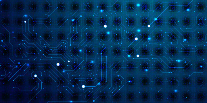 Abstract dark blue digital background featuring sparse glowing nodes and circuit connections on textured micro pattern.