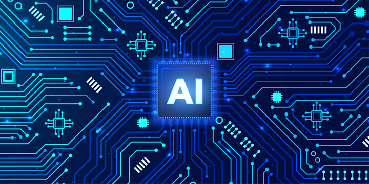 Artificial intelligence CPU on complex circuit board with glowing lines and interconnected components, deep learning and future technology concept.