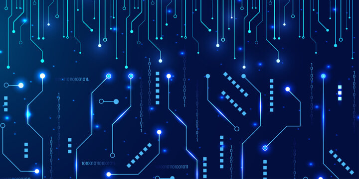 Digital circuit board background with glowing lines, binary code, and sparkling connections, modern technology concept.