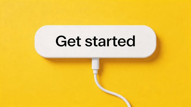White plug with get started text on yellow background