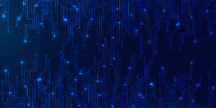 Blue digital circuit board pattern with glowing data connection lines.