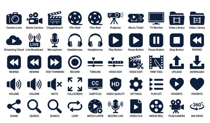 Video player icons set and multimedia interface elements vector icons collection. © MDMunna