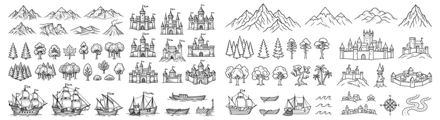 Naklejka premium Fantasy Map Line Art Set – Vector Sketches of Mountains, Castles, Trees, Ships, Villages, and Compasses 