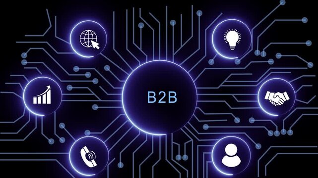 b2b concept with circuit lines and digital symbols hovering above a businessman, technology. manufacturing process management all connected in a digital circle like pattern.